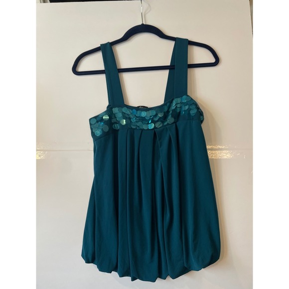 Express Tops - Express Teal Blue Sequin Bubble Hem Sleeveless Top Square Neck Pleated Medium